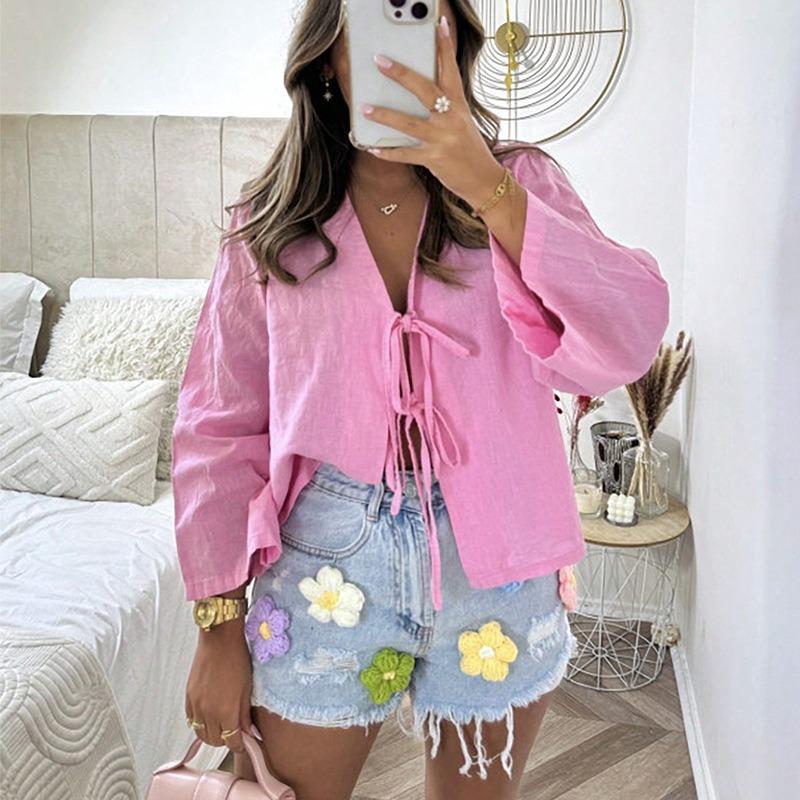 Lace-up Cardigan for Women 2025 Autumn New Style Spliced V-neck Fashion Solid Color Long-sleeved Shirt
