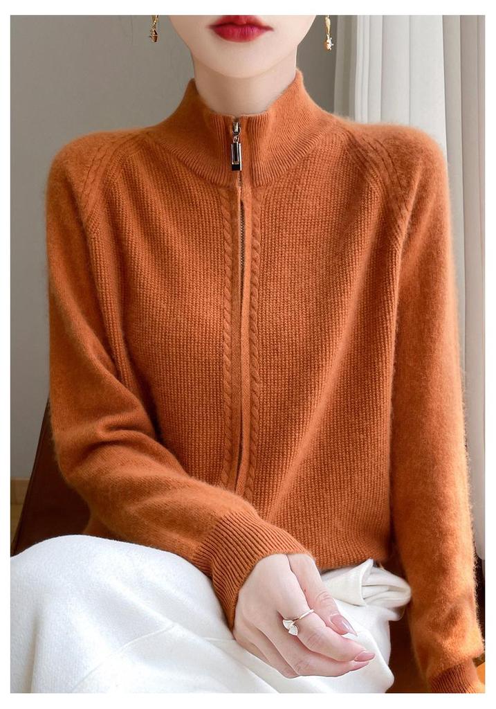Women's Pure Wool Double Zipper Knit Cardigan - Stand Collar, Drop Shoulder, Versatile Cashmere Sweater for Autumn/Winter