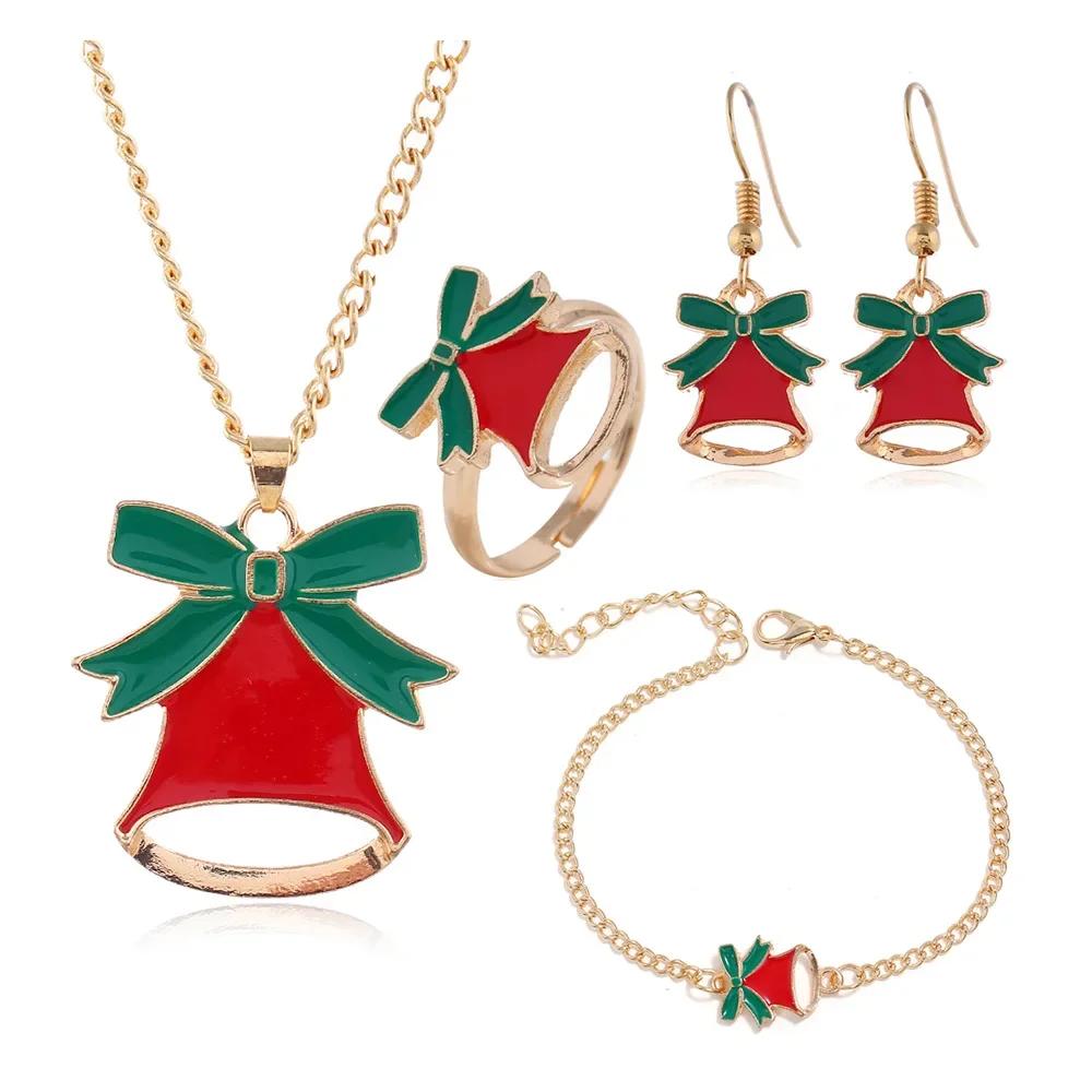 4PCS/Set Christmas Women Alloy Jewelry Set Santa Elk Bell Earrings Necklace Bracelet Decor Xmas Accessories Gift for Girl Women