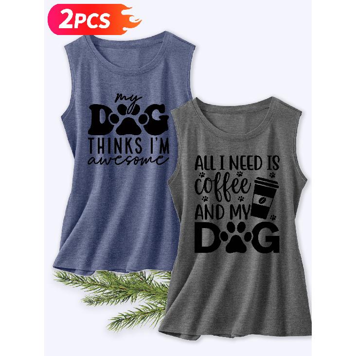 Follow a Specific Direction Two-piece Women's Sleeveless Vest with Vintage Print Summer Casual Wear Dog Coffee Fun Cute Essential Fashion Items for