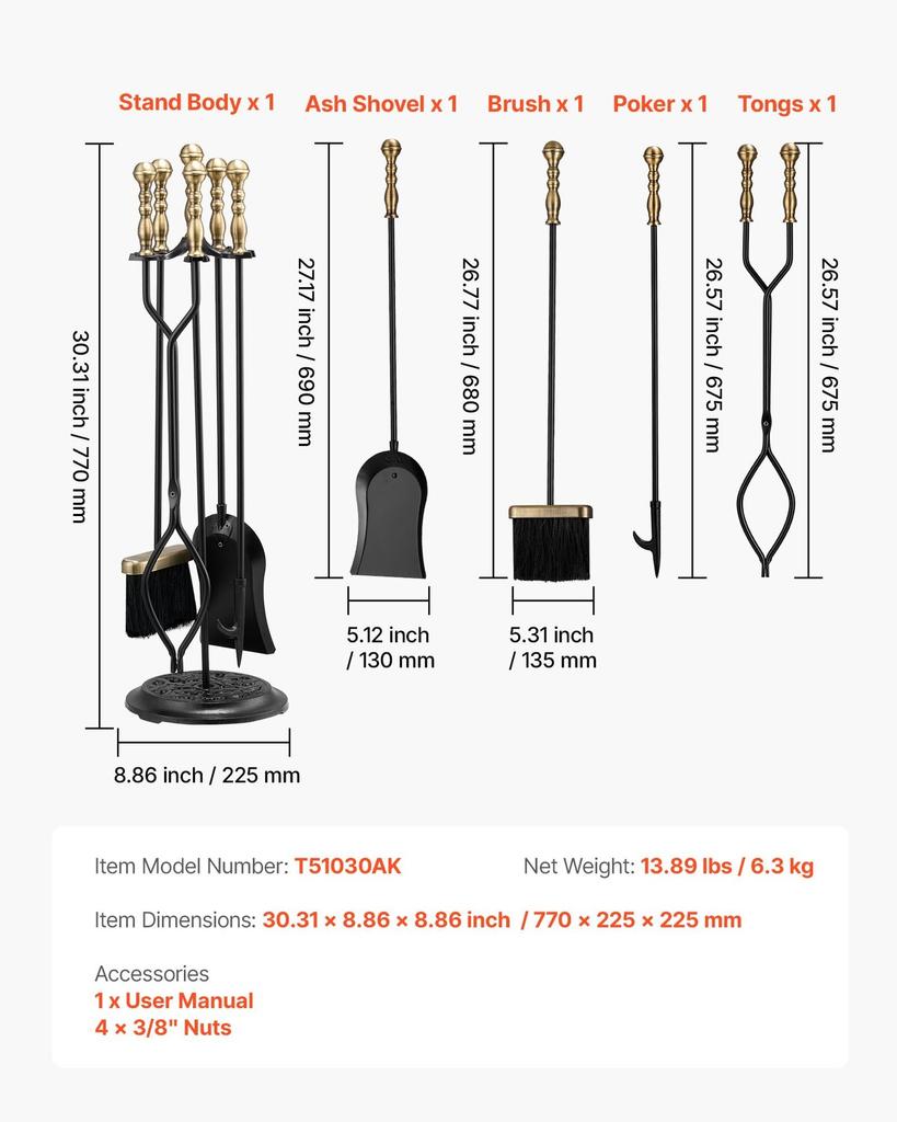 Fireplace Tool Set, 5 PCS Fire Tool Set and Holder with Five-Prong Stand, Tongs, Ash Shovel, Brush, Fire Place Poker, Wrought Iron Fireplace