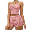 Two Piece Pink Mesh Printed Pajama Set for Women with Short Printed Crop Tops and Shorts Casual Women's Pajama Set