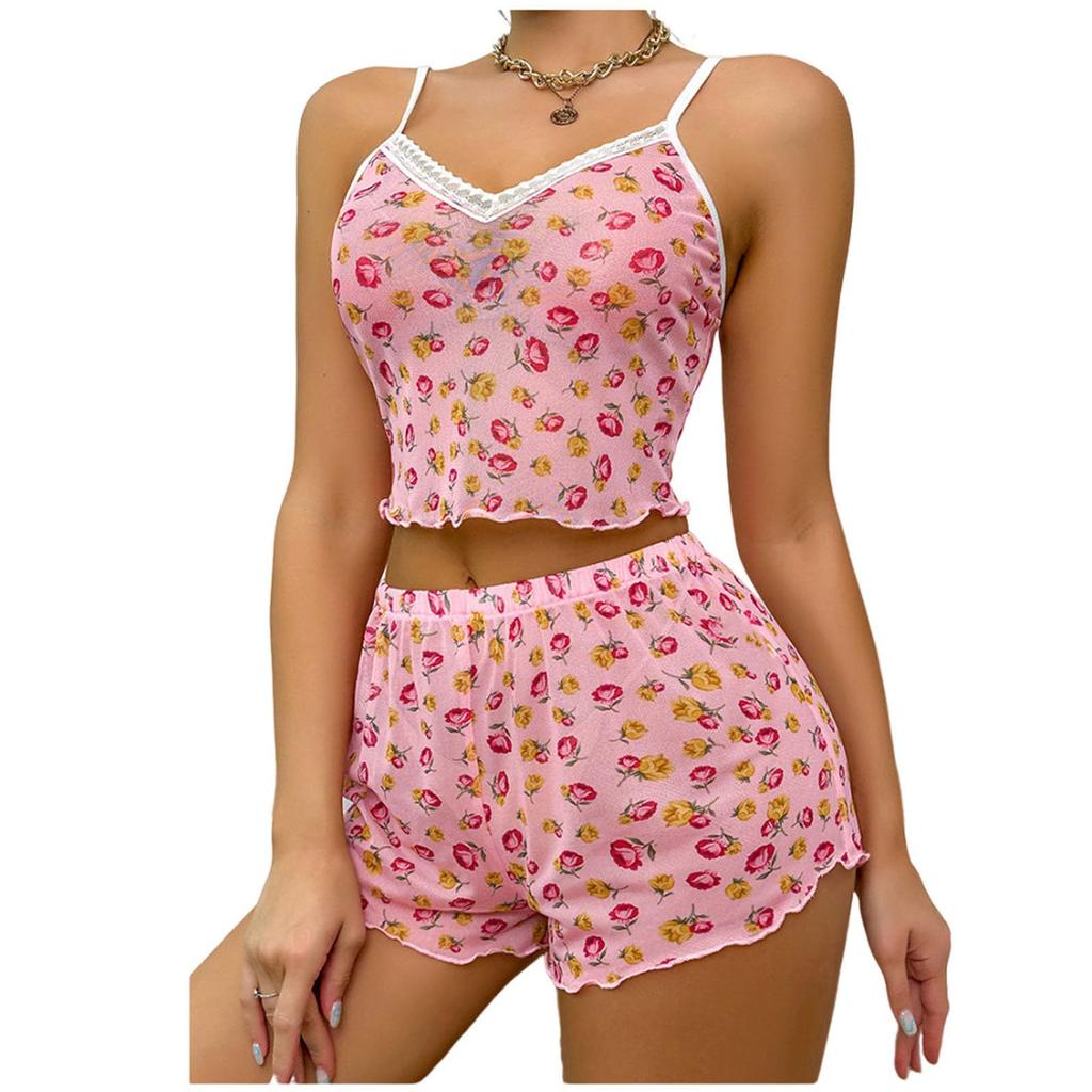 Two Piece Pink Mesh Printed Pajama Set for Women with Short Printed Crop Tops and Shorts Casual Women's Pajama Set
