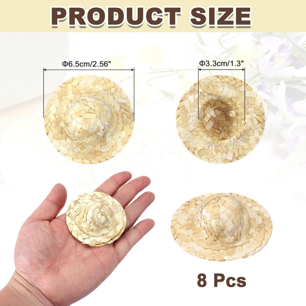 PATIKIL 8-Piece Set Mini Straw Hats, 2.6 Inch, Hand-Knitted Miniature Straw Hats for Dollhouses, Wood Color, Costumes, Decorations, and Accessories