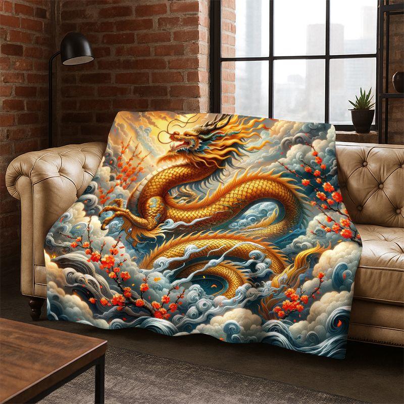 Chinese Dreamy Dragon Loong Cartoon Flannel Blanket Soft Warm Throw Blanket for Bedroom Living Room Bed Travel Camping Picnic