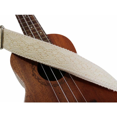 MUSIC FIRST Original Design Cream Graceful & Vintage Lace Soft Lace & Genuine Leather Ukulele Strap Ukulele Shoulder Strap with Genuine Leather Strap