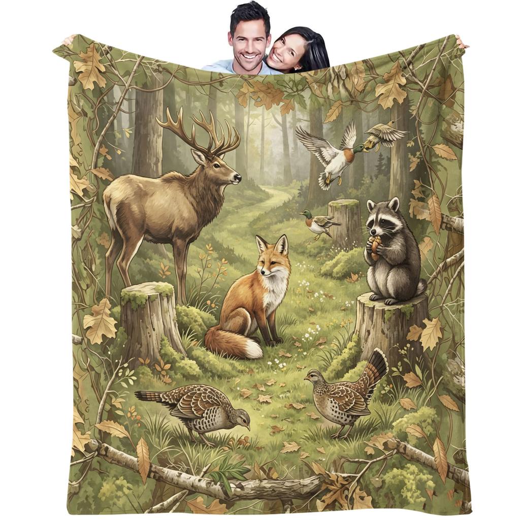 Green Forest Wildlife Blanket Elk Red Fox Raccoon Duck Woodland Flannel Throw Blanket Outdoor Nature Decor Perfect Gift Blanket