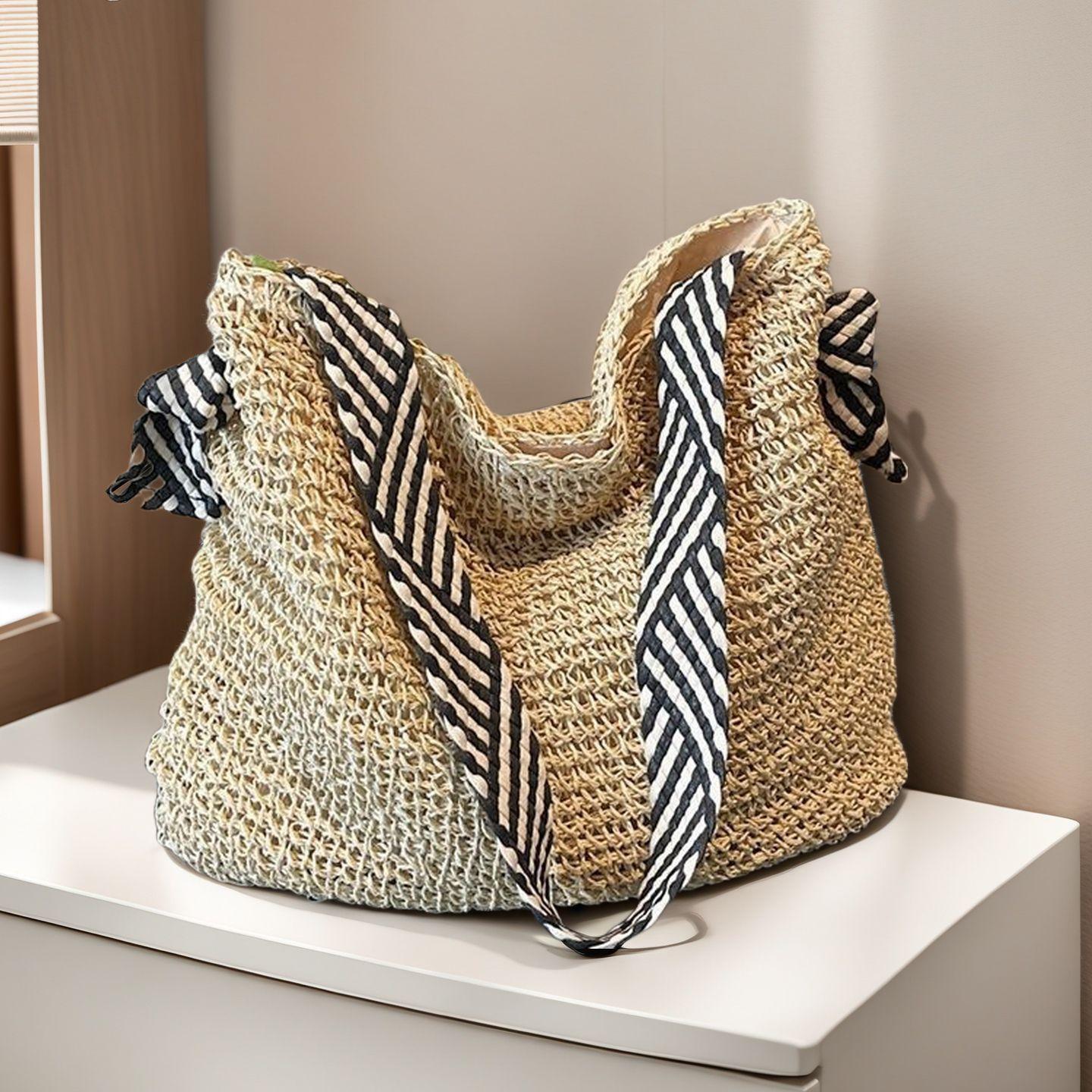 

Fashion vacation style straw woven bag women s popular woven shoulder bag large capacity leisure seaside beach bag