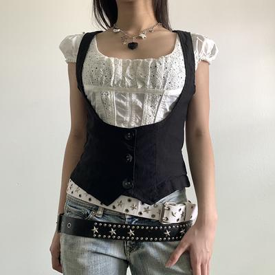 Black Button Up Corset Top Women Fashion Sleeveless Skinny Tank Tops Vintage Y2k Streetwear Tees Harajuku 90s Girdle Vest
