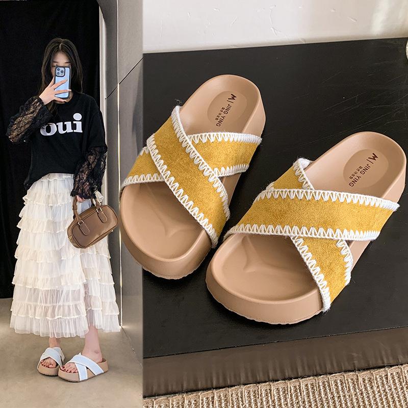 Slippers Women Wear One Word Cool Slippers In Summer Lazy Cross Retro Sub-belt Flat Bottom Cool Versatile Beach Small Fragrance