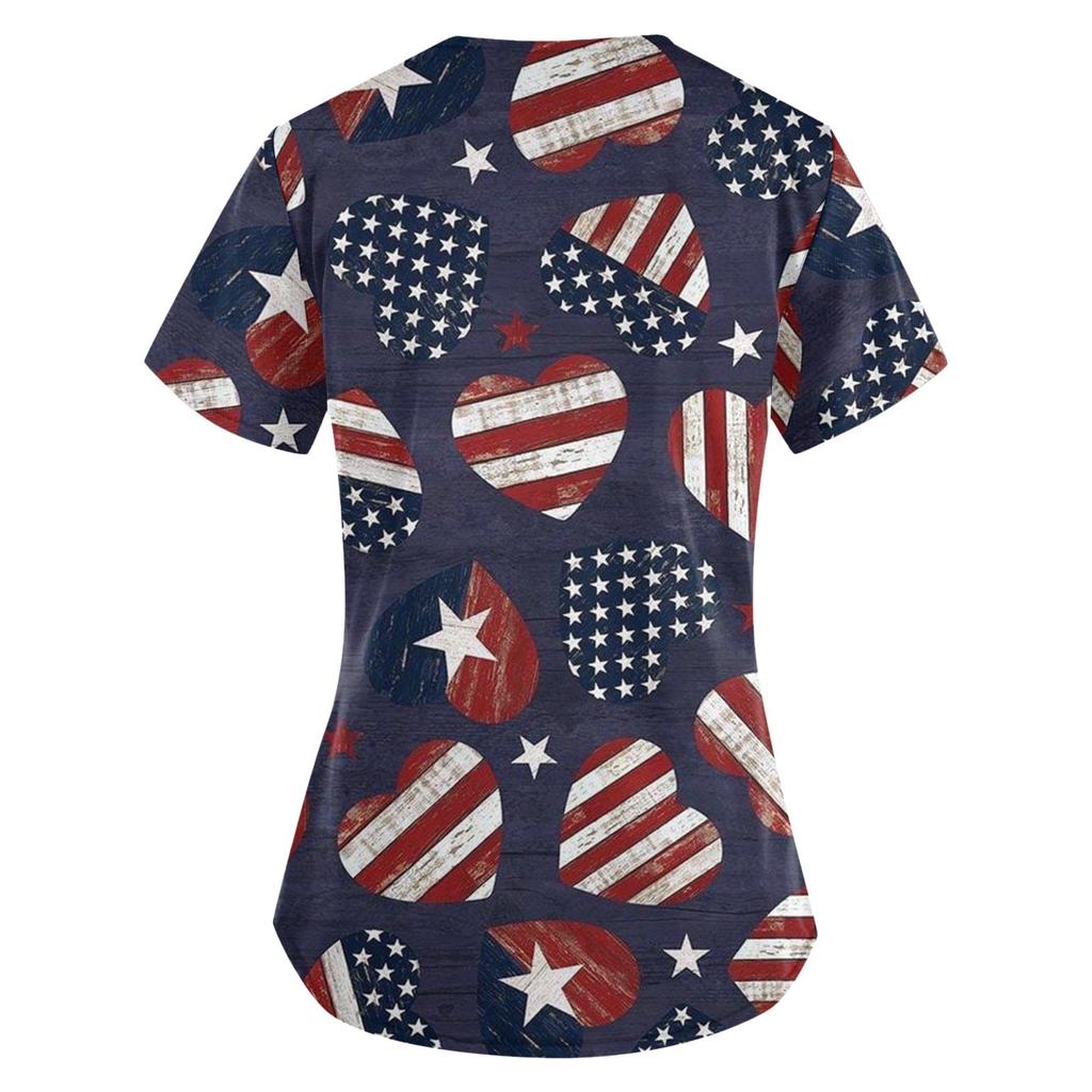 Women's Independence Day Print Short Sleeve V Neck Top Work Pocket Shirt