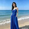 French Spaghetti Strap Maxi Dress for Women, Seaside Vacation Style, Waist-cinching, Slimming, Solid Color Elegant Dress