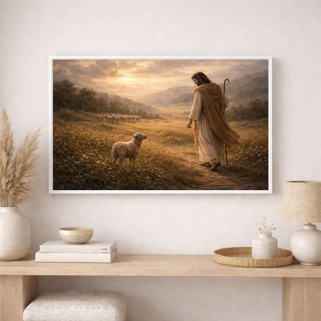 Good Shepherd Christian Canvas Wall Art, Jesus Leaving the 99 Artwork, Farmhouse Scripture Artwork, Peaceful Faith Home Decor