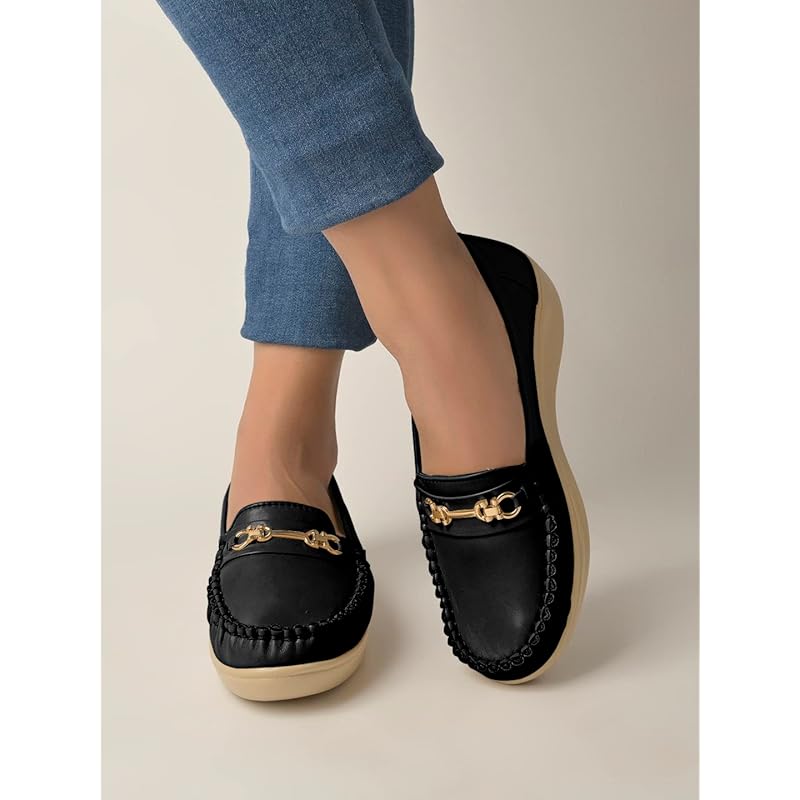 Shoetopia Upper Metalic Buckle Detailed Black Loafers For Women & Girls /Uk4 4 UK