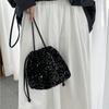 Portable Bucket Bag, Women's Premium Pull Rope Pleated Shoulder Messenger Bag, Women's Fashion Color Sequin Bag