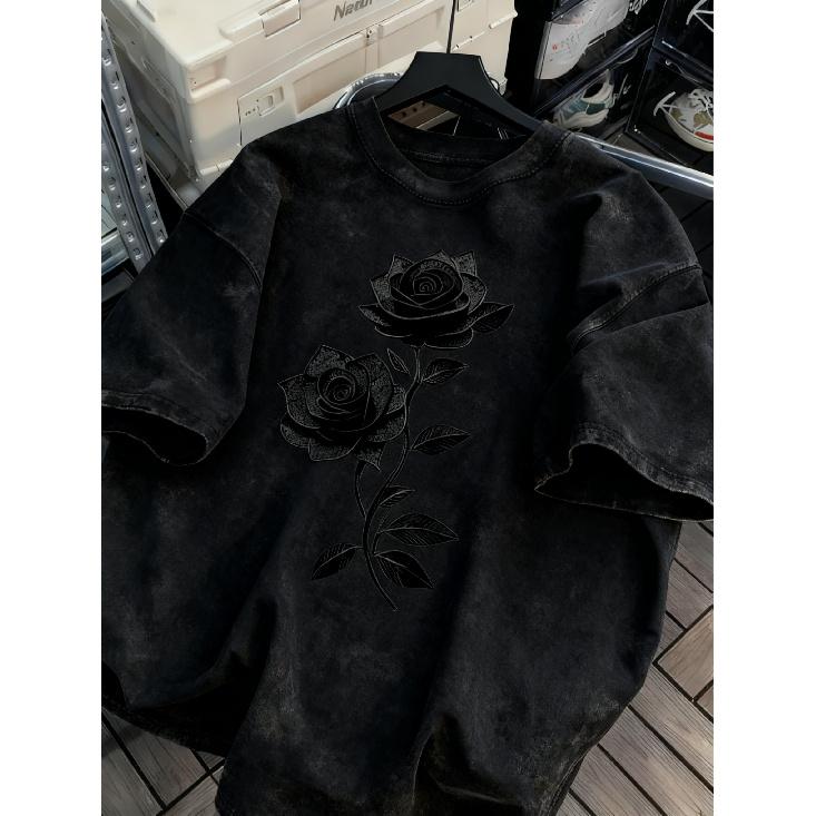 men's oversized vintage wash t-shirt with black rose graphic, soft cotton blend, crew neck, short sleeves, relaxed fit for streetwear or casual daily