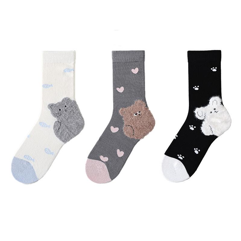 

3 Pairs/Set Cartoon Socks for Women Mid-Calf Autumn Winter Soft Warm Socks Cute Versatile Trendy Socks for Girls