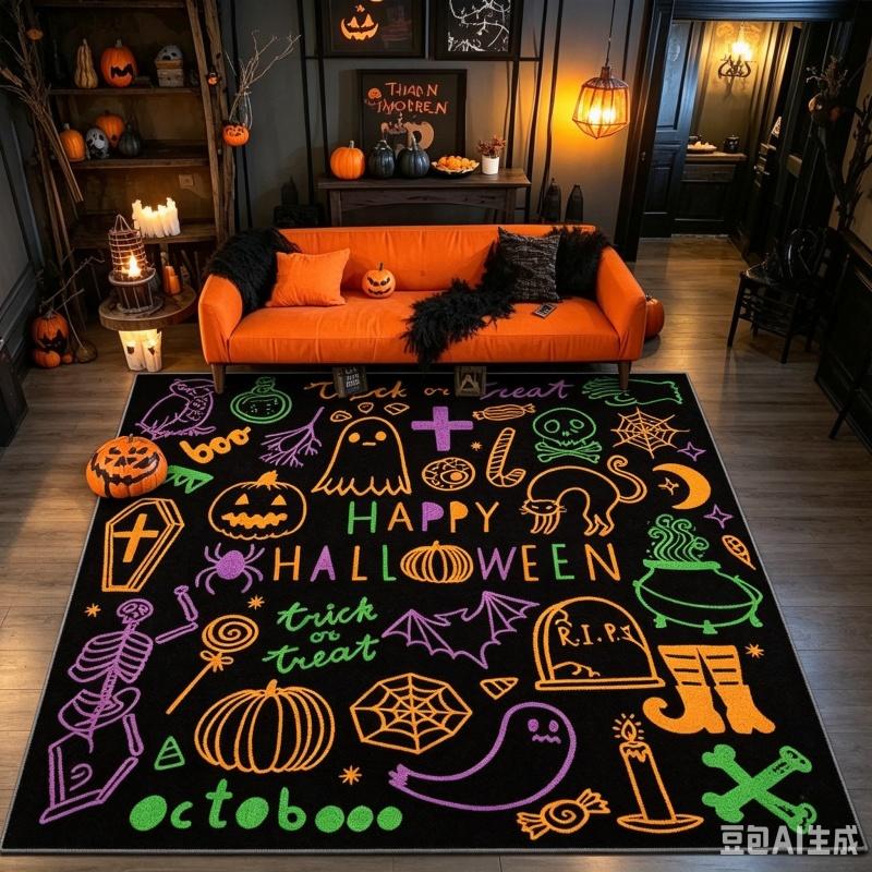 Colorful Halloween Doodle Element Print Large Area Floor Rug,Spooky Holiday Themed Home Carpet for Living Room,Indoor Decoration