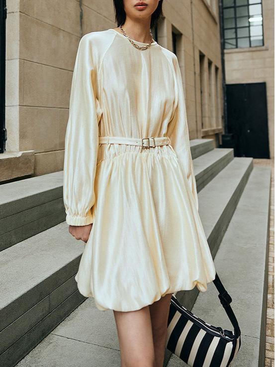2026 Spring French Drape Puff Sleeve Belted Fluffy Skirt Dress for Women
