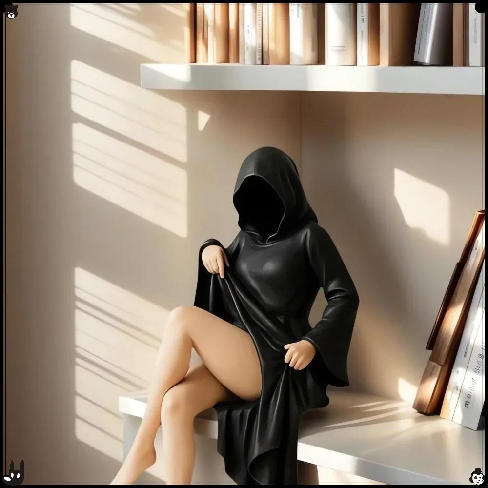 Halloween 3D Mysterious Statue Gothic Black Robe Queen Figure Bookshelf Sculpture Spooky Sitting Statues Desktop Ornaments Gifts