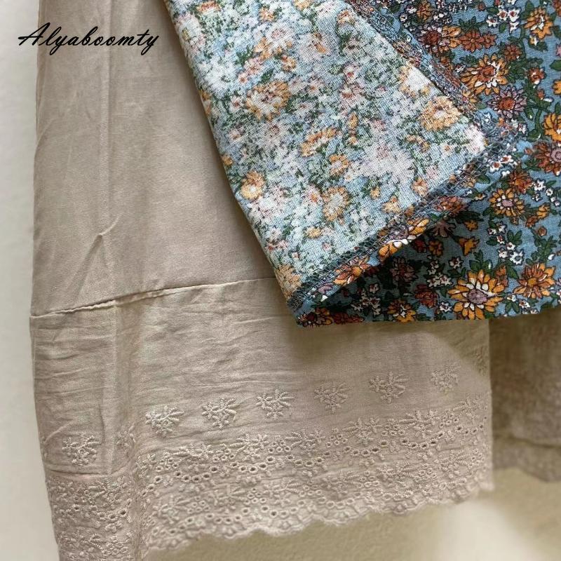 Japanisches Mori-Mädchen Frühling Herbst Damen Midikleid Rüschenkragen Blumendruck Patchwork Retro Kleid Vintage Baumwolle Leinen Stickerei Aushöhlen Kleid