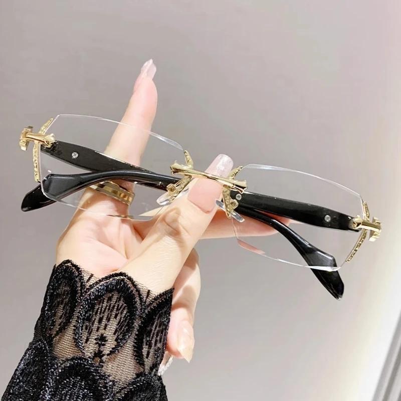 Women Y2K Vintage Frameless Glasses for Men Business Fashion Travel Eyewear Anti Eyestrain High-Quality Metal Hinges Eyeglasses