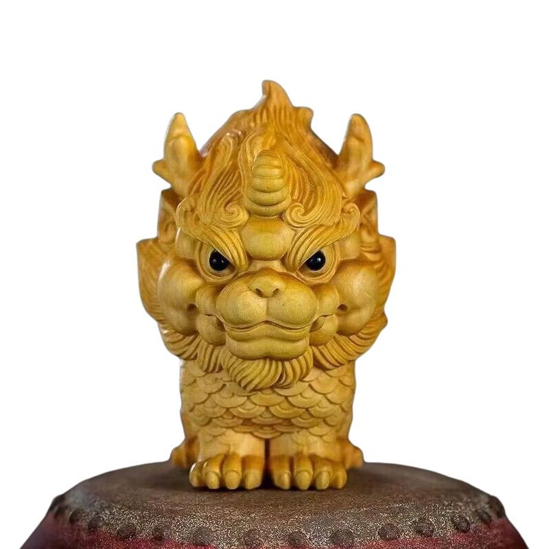 Chinese Wooden Kirin Animal Figurine Good Luck Beast Arts Figurine Home Room Office Decor Gift One Size