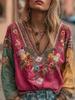 Damen Floral Bestickte Patchwork Bluse V-Ausschnitt Ethnisch Stammesdruck Langarm Top Bohemian Kontrastfarbe Lässiges Hemd