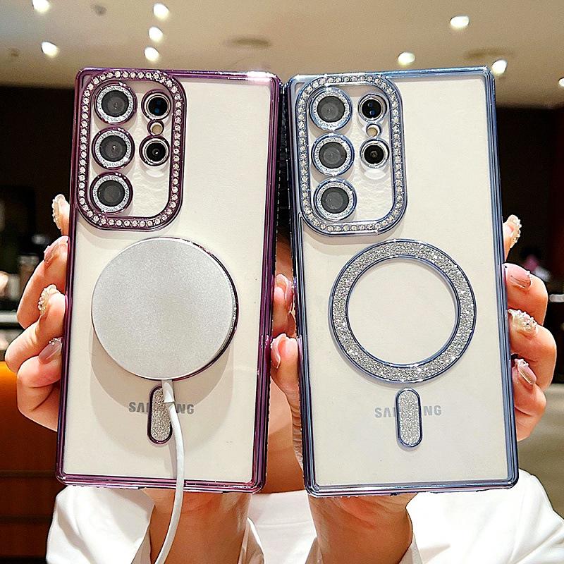 For Samsung Galaxy S25 Ultra Luxury Glitter Magsafe Magnetic Plating Diamond Frame Phone Case For Samsung S22 S23 S24 Plus Cover