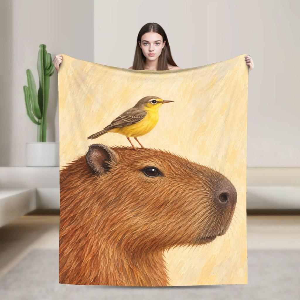 Capybara Bird Throw Blanket, Oil Painting Style, Soft Fleece, Wildlife Lover Gift
