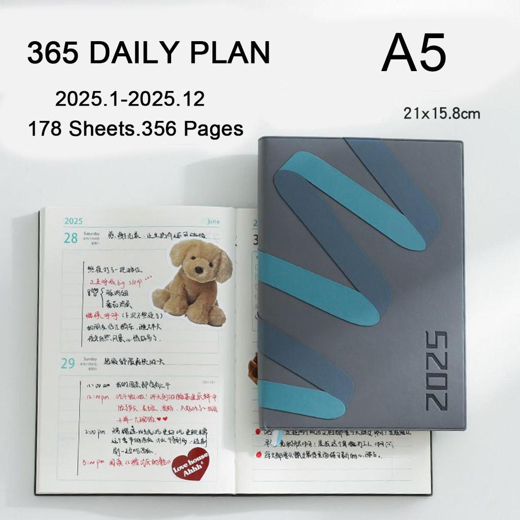 A5 thick leather student time planner, 2025 annual schedule, business notepad, 365-day daily planner, memo, notebook, 178 sheets, 356 pages
