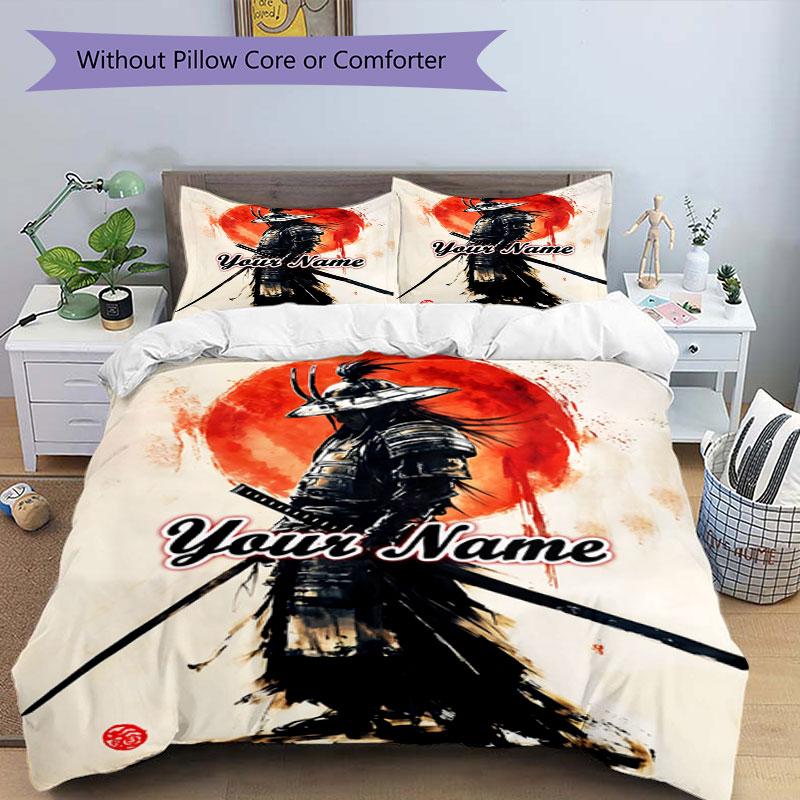 3PC Custom Name Samurai Warrior Sun Bedding Set Duvet Cover Closure Includes 1 Duvet Cover & 2 Pillowcases for Bedroom