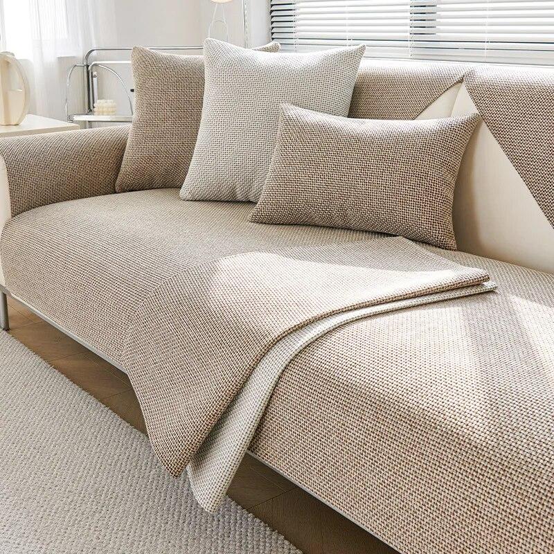 Jednobarevný cop Bavlna Len Potah na pohovku Pohovka Ve tvaru L Kombinace Nábytku Přehoz Protiskluzový Kryt Polštář Sedák Ručník na sedací soupravu