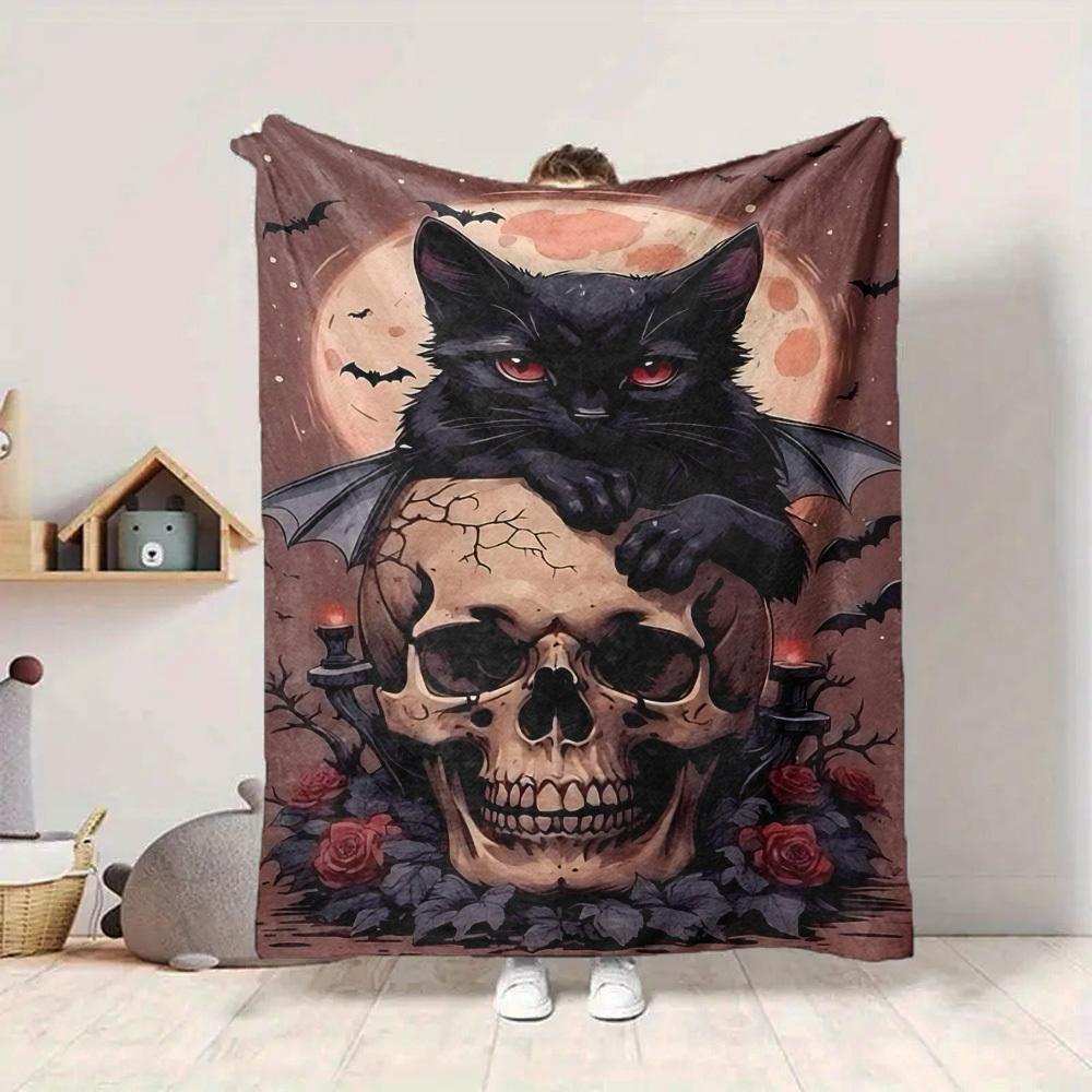 1pc Cat, Halloween Skull Blanket Lightweight Flannel Blanket Throw Blanket For Sofa, Bed, Travel, Camping, Livingroom, Couch, Chair, And Bed yy2509026