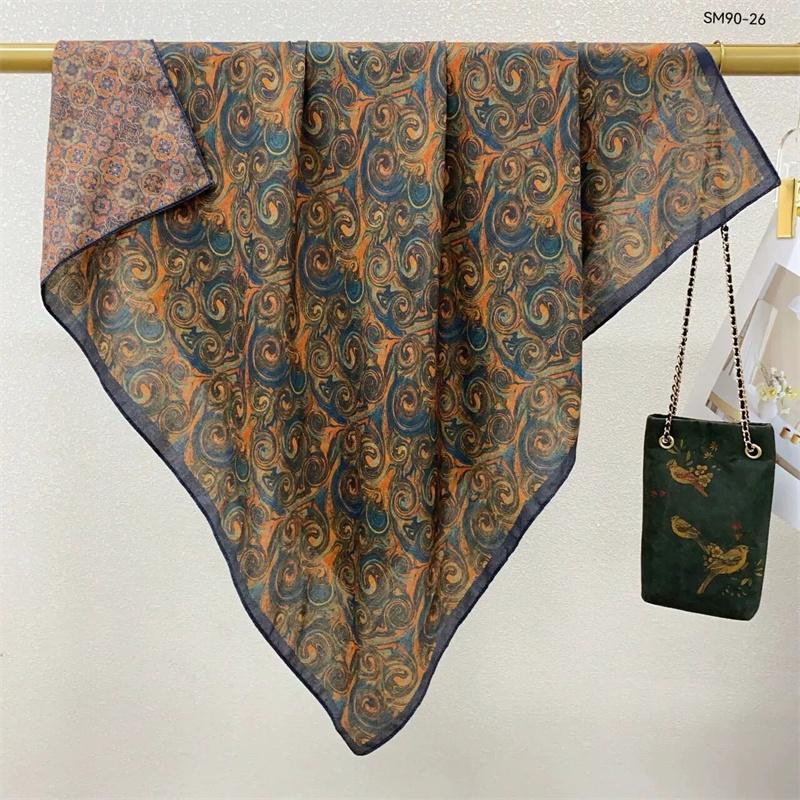 Double-Sided Faux Silk And Wool Printed Scarf For Women Spring And Autumn 90Cm Square Scarf Foulard Bandana Femmel Headscarf