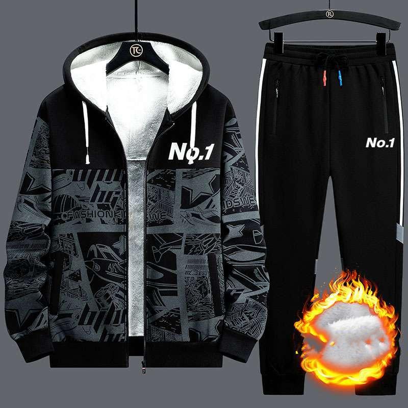 

Мужской зимний спортивный костюм больших размеров с длинным рукавом и капюшоном с цепочкой + утолщенные брюки, комплект из двух предметов XXL
