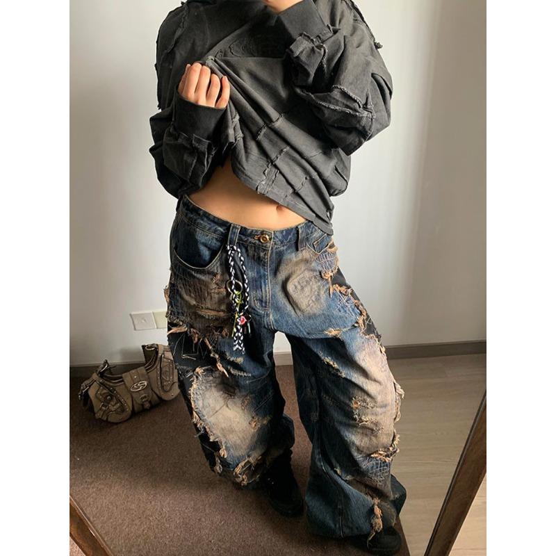 

Модные брюки Wide Leg Женские Американский Ретро Потертая Стирка Рваные Брюки-Кинжал Дизайн Color Blocking S
