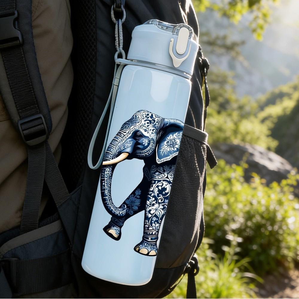 1PC Asian Elephant Wildlife Pattern 750ml Color Plastic Sports Water Bottle Leakproof Flip Straw Lid Suitable for Sports Office Home Use