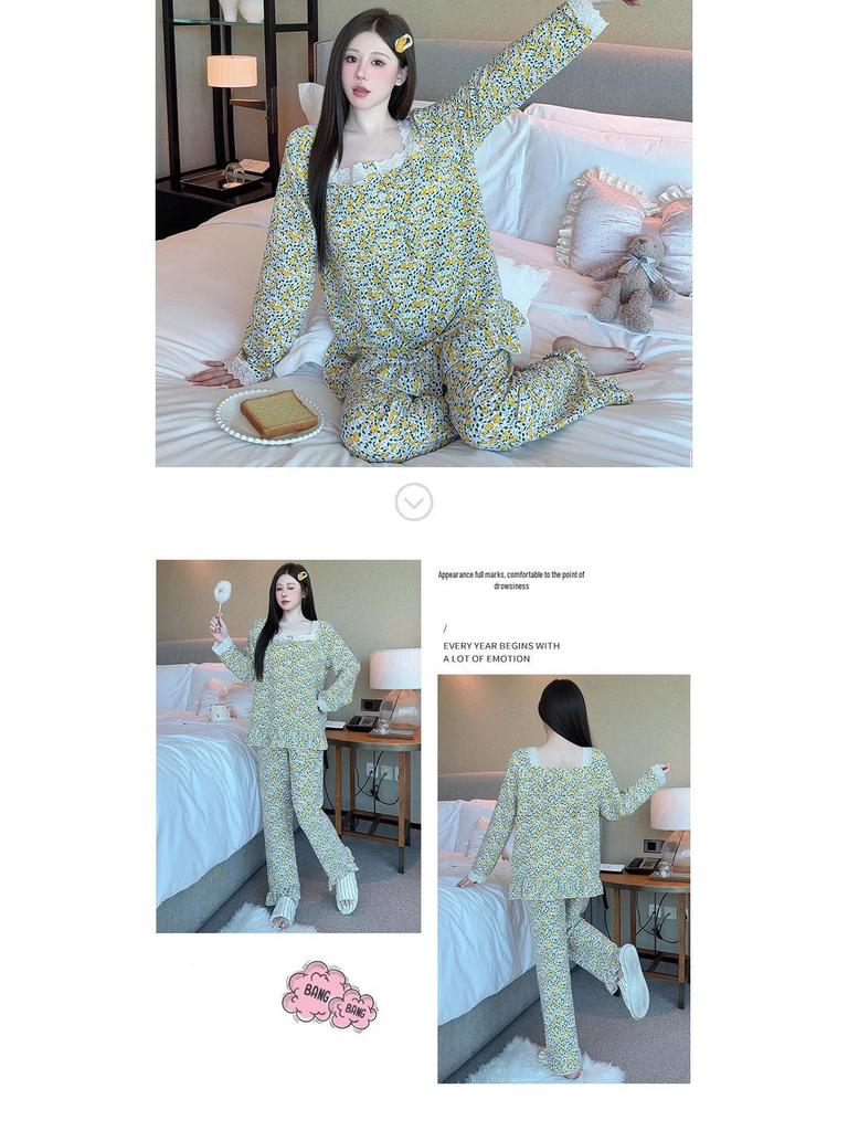 Yellow Sweet Princess Long Pajamas with Chest Pad - Korean Cloud Cotton, Plus Size, Spring/Autumn Style