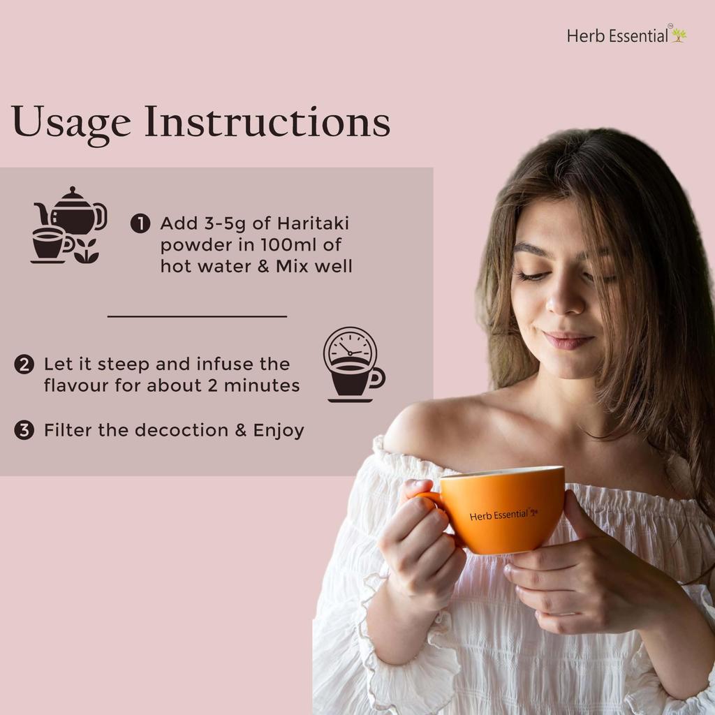 Herb Essential Pure Haritaki Powder | 100% Natural,Internal Cleanser and Detoxifier | Constipation Relief, Immunity Booster -100g