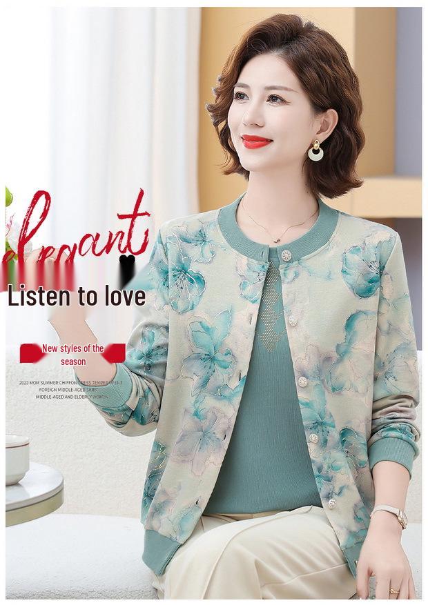 Elegant Floral Knit Cardigan & Slim-Fit Suit for Middle-Aged and Elderly Women, Spring/Autumn Collection