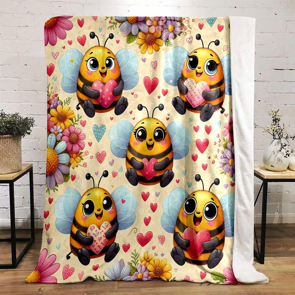 Cute Bees with Hearts and Flowers print blanket soft and cozy perfect for the living room bed sofa or a nap,gift