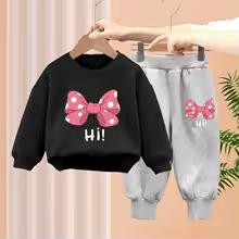 2pc Autumn New Baby Kids Outfit Sweet Bow Print Top with Elastic Waist Pants Girls Boys Two-Piece Set