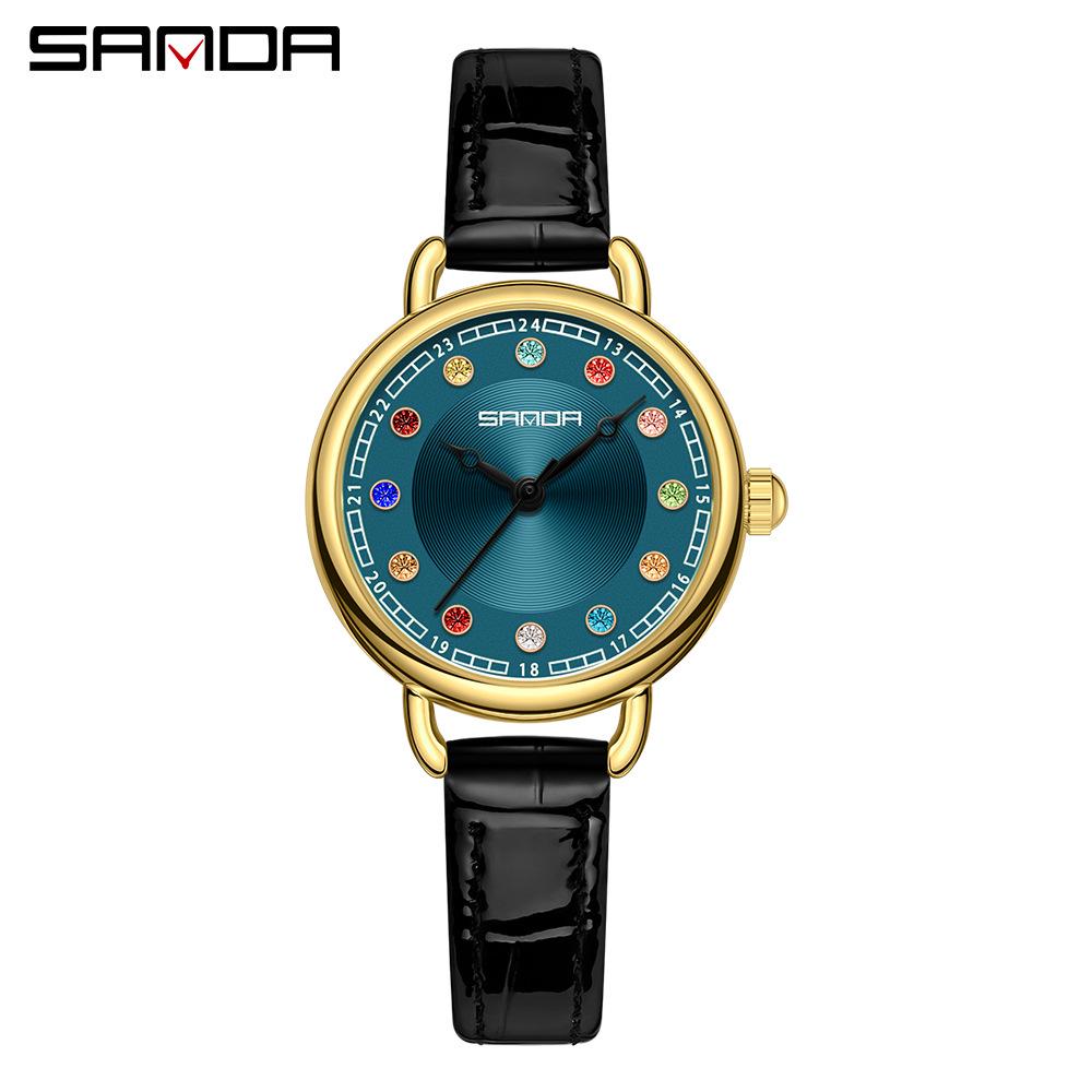 Sanda Women's Retro Rhinestone Quartz Watch - Elegant Green Design