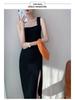 Elegant Black Square Neck Mid-Length Summer Dress with Slit