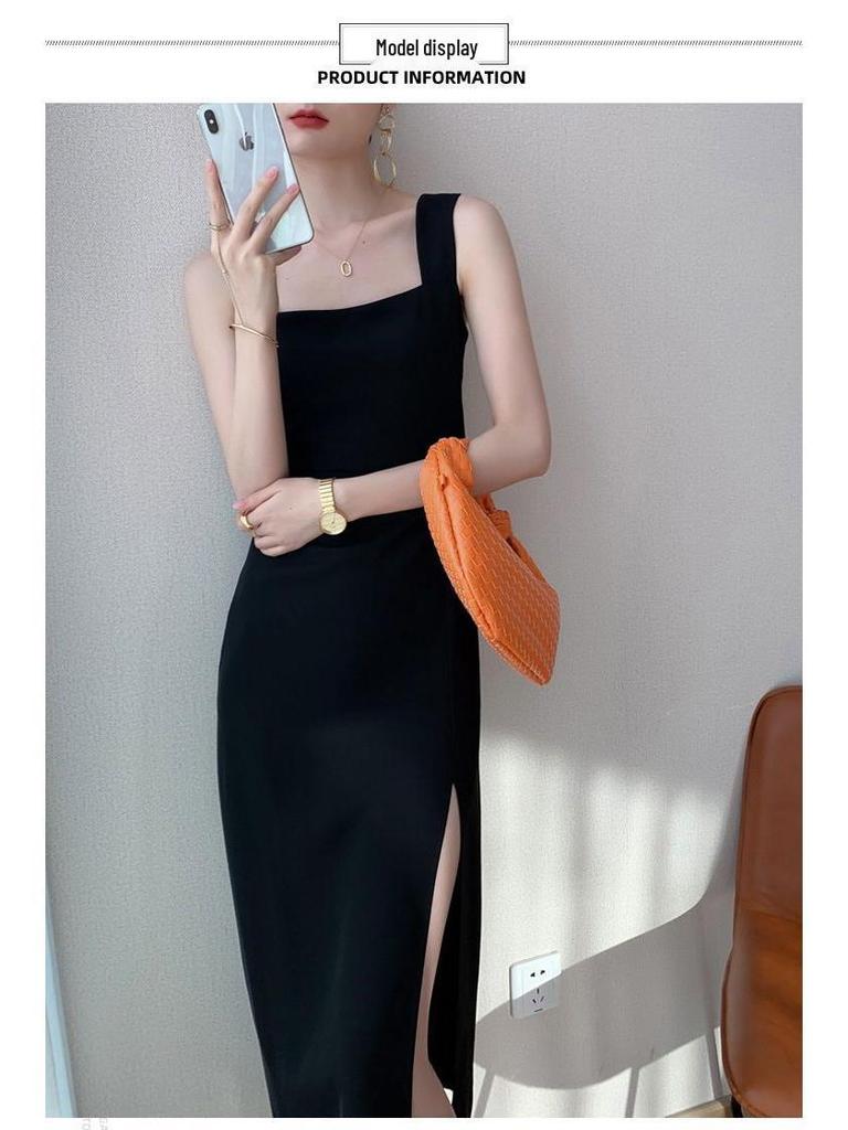 Elegant Black Square Neck Mid-Length Summer Dress with Slit