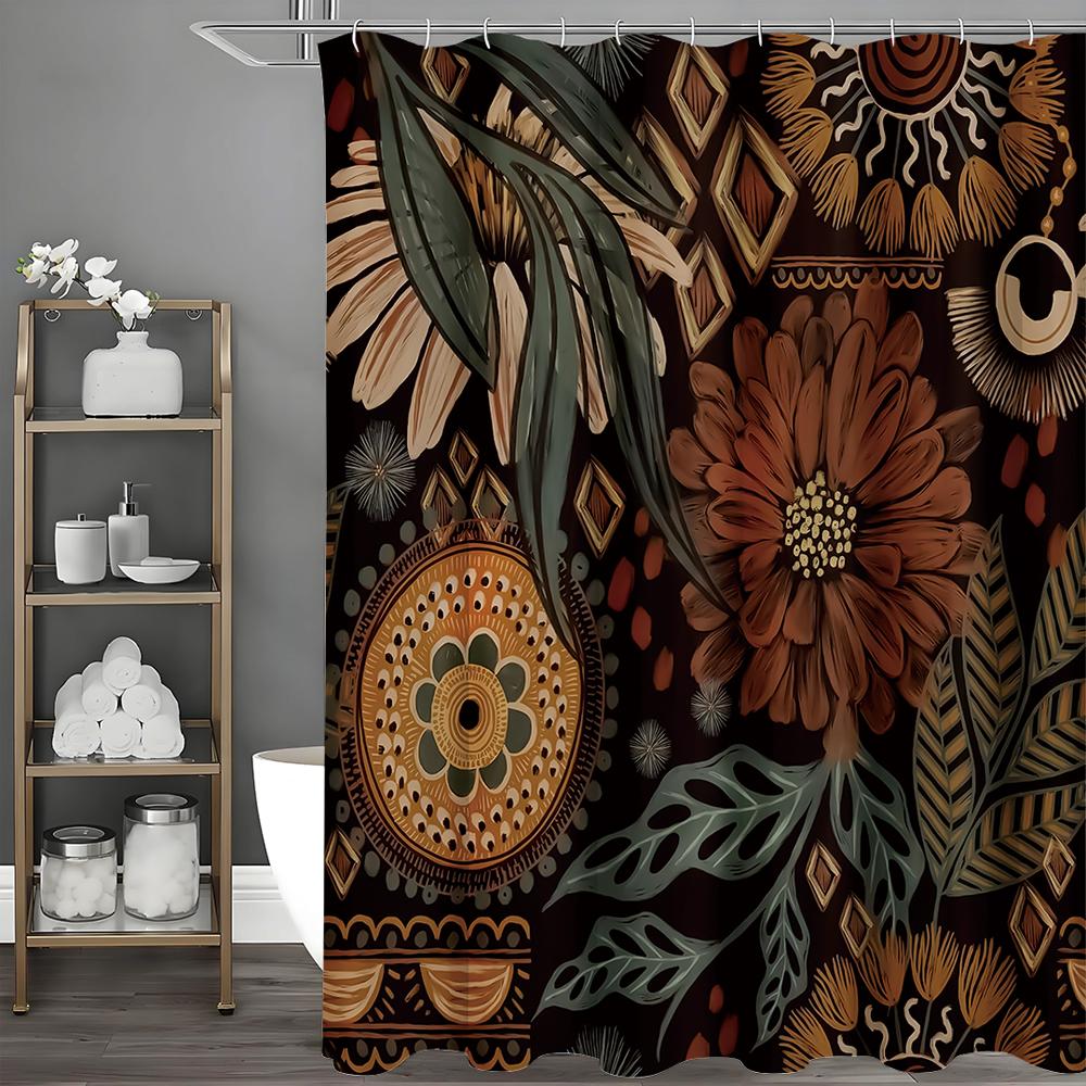 Vintage Floral Brown and Green Shower Curtain, Bathroom Decorative Shower Curtain, Waterproof Shower Curtain with Hooks