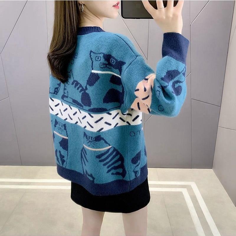 Autumn and Winter Loose Knitted Sweater Versatile Wear Fashion Casual Cartoon Kitten Color Matching V-neck Sweater Jacket Women