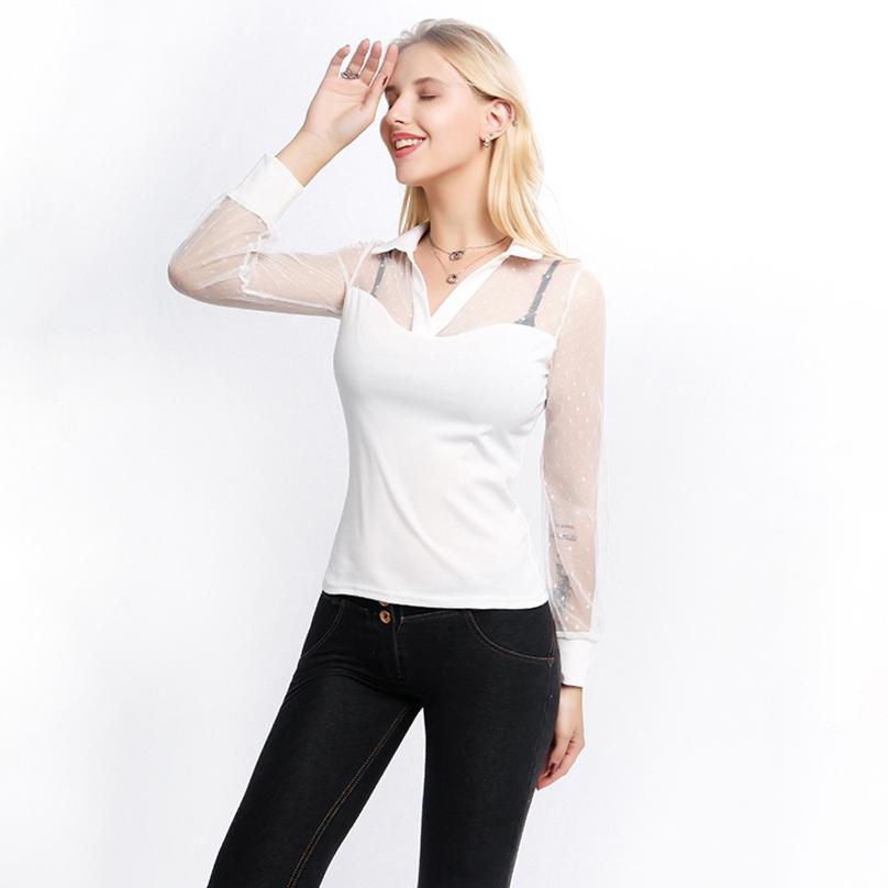 European Style Women Perspectiv Lace Patchwork Turn-Down Collar Elegant Long Sleeve Shirts