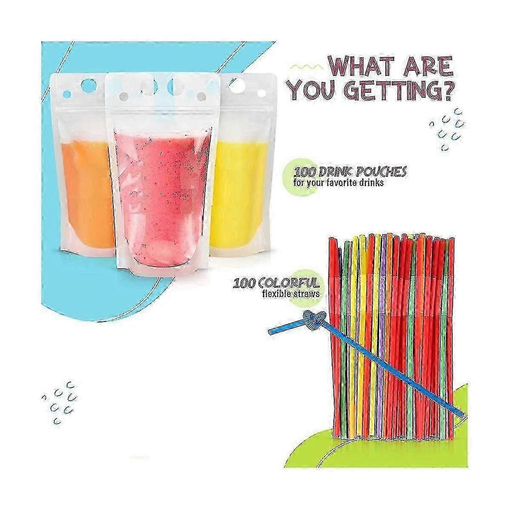 100pcs 16oz Drink Pouches For Adults - Drink Pouches With Straws X100 - Resealable Smoothie Pouches